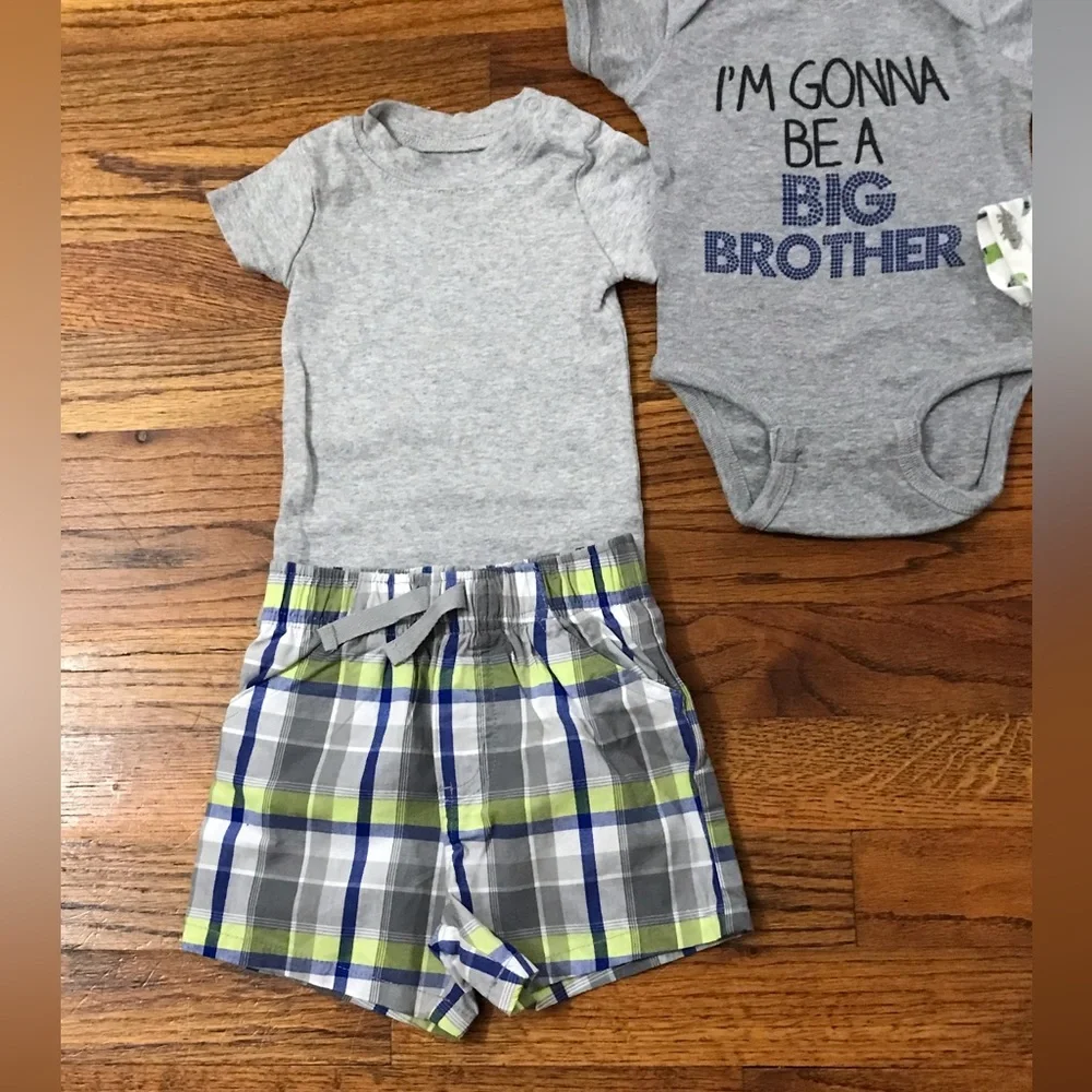 Baby Boy Onesies, Plaid Shorts & Beige Shorts Dinosaur I’m gonna be Big Brother